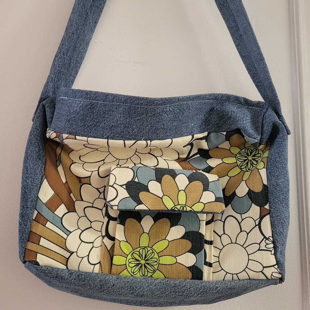 OOAK Upcycled Denim & 70s Vintage Floral Crossbody Bag - Boho/Retro